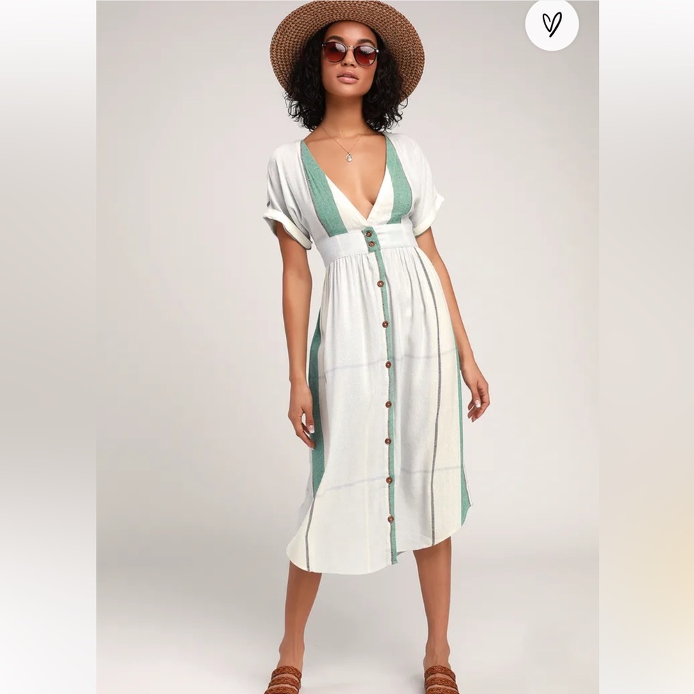 Reid low cut V-neck Multi Stripe Button Up MIDI Dress Large! Free Shipping!
